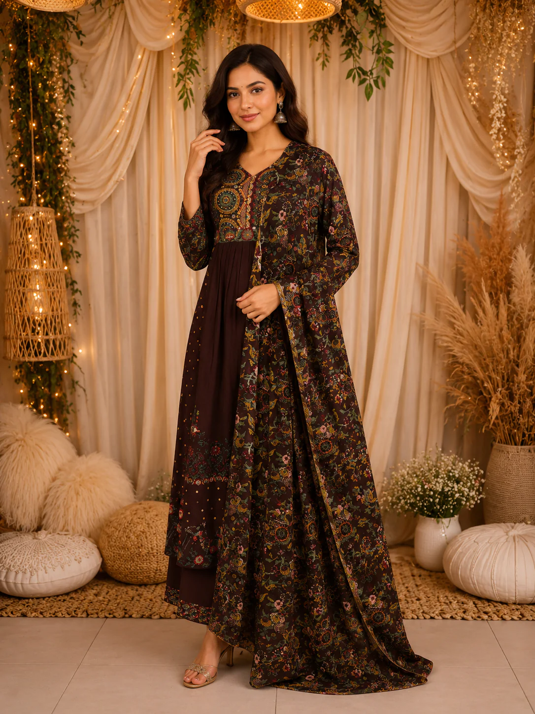 Deep Wine Floral Printed Design Cotton Anarkali Salwar Suit with Dupatta